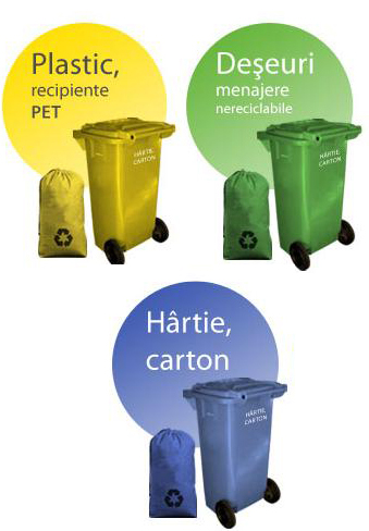 Hârtie şi cartoane (ziare, reviste, tipărituri, cutii de detergenţi, de cereale etc.), ce pot fi vândute la tonetele special amenajate;- Ambalaje PET şi alte materiale plastice (pungi, folii, cutii de iaurt, butelii de la produse cosmetice şi de curăţenie etc.), ce pot fi reciclate;- Sticle şi cioburi; vânzarea ambalajelor din sticlă la centrele care se ocupă cu achiziţionarea acestora;- Deşeuri feroase (fier, tablă ş.a) şi doze metalice, ce pot fi valorificate la punctele “REMAT”;- Deşeuri umede (resturi vegetale, animale etc.).